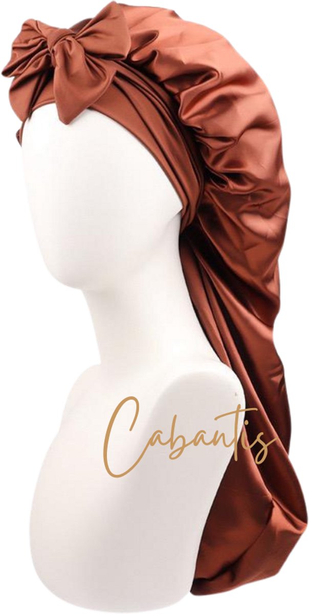 Cabantis® Satijnen Bonnet met Lange Verstelbare Band – Extra Groot voor Boxbraids, Vlechten & Krullen – Anti-Pluis & Haarbescherming – Unisex - Bruin