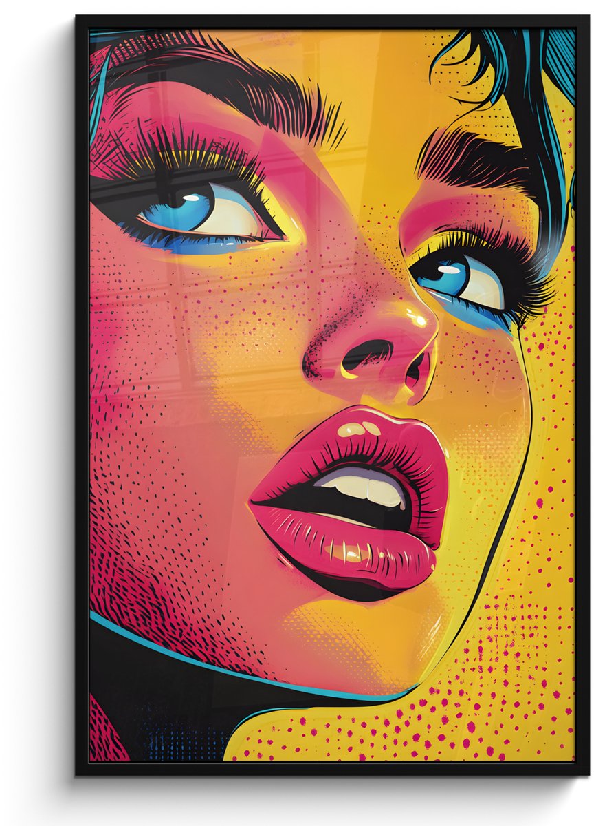 FrameYourWall Poster in lijst - Fotolijst 80x120 cm - Posters - Close-up - Vrouwengezicht - Stippen - Geel - Posterlijst zwart - Decoratie - Wanddecoratie woonkamer - Muurdecoratie slaapkamer Gezicht - Vrouw