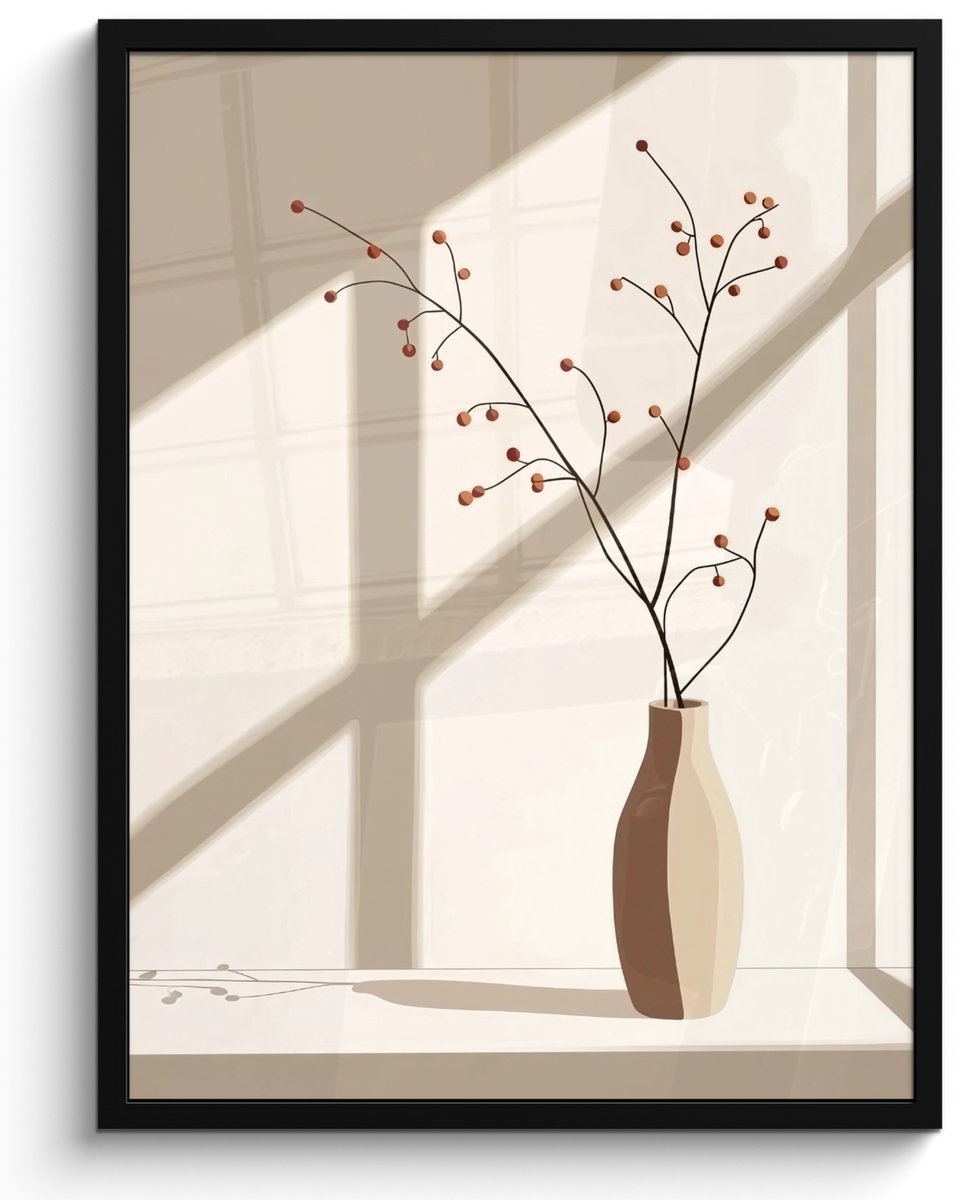 FrameYourWall Poster in lijst - Fotolijst 60x80 cm - Posters - Vaas - Takken - Bessen - Minimalistisch - Posterlijst zwart - Decoratie - Wanddecoratie woonkamer - Muurdecoratie slaapkamer