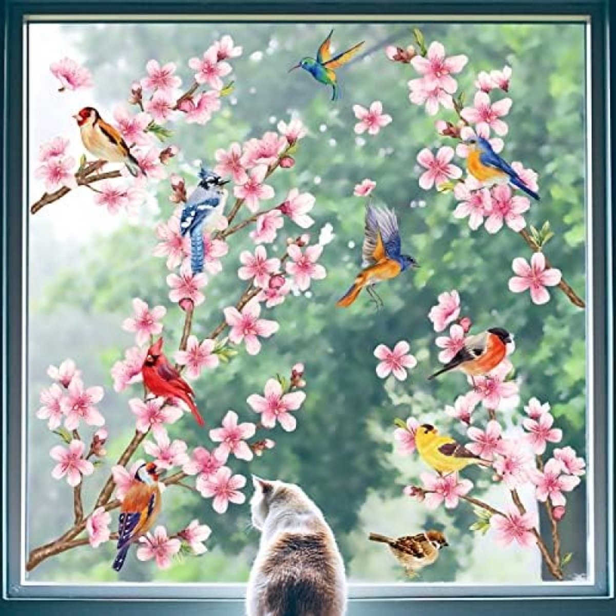 Kersenbloesem Vogel Raamstickers Set van 8 - Anti-Bots Venster Decoratie Muurstickers voor Binnenhuisdecor - Verwijderbare Zelfklevende Bloemen Stickers