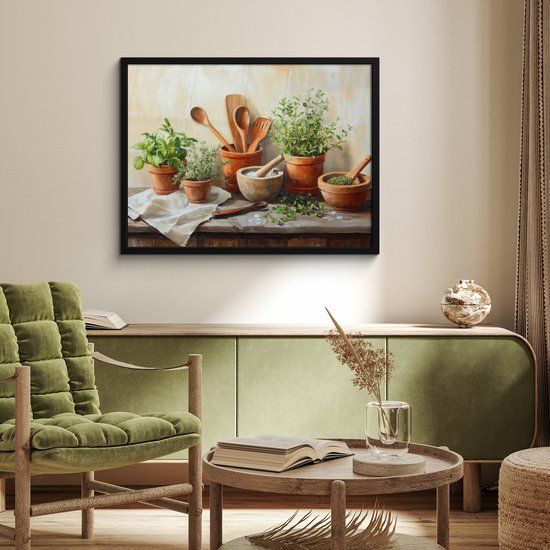 Poster in lijst - Fotolijst 80x60 cm - Posters - Potten - Kruiden - Hout - Posterlijst zwart - Decoratie - Wanddecoratie woonkamer - Muurdecoratie slaapkamer