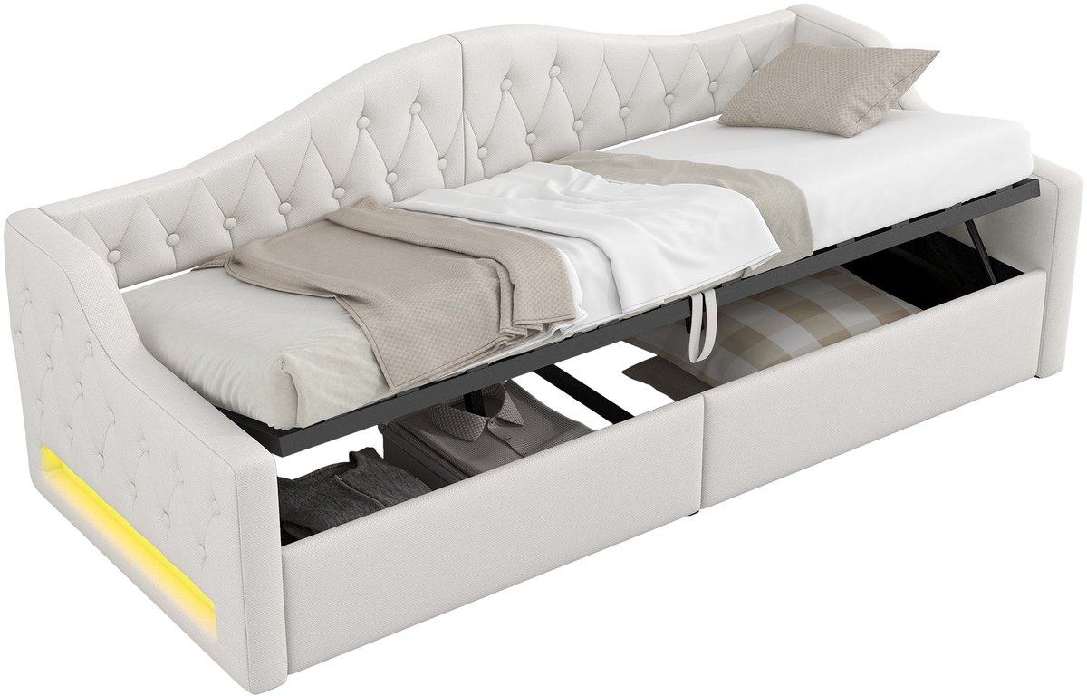Merax Gestoffeerd Dagbed - 90x200 cm - Beige Bed met LED Verlichting en Opbergruimte - Comfortabel Linnen Bed met Houten Frame