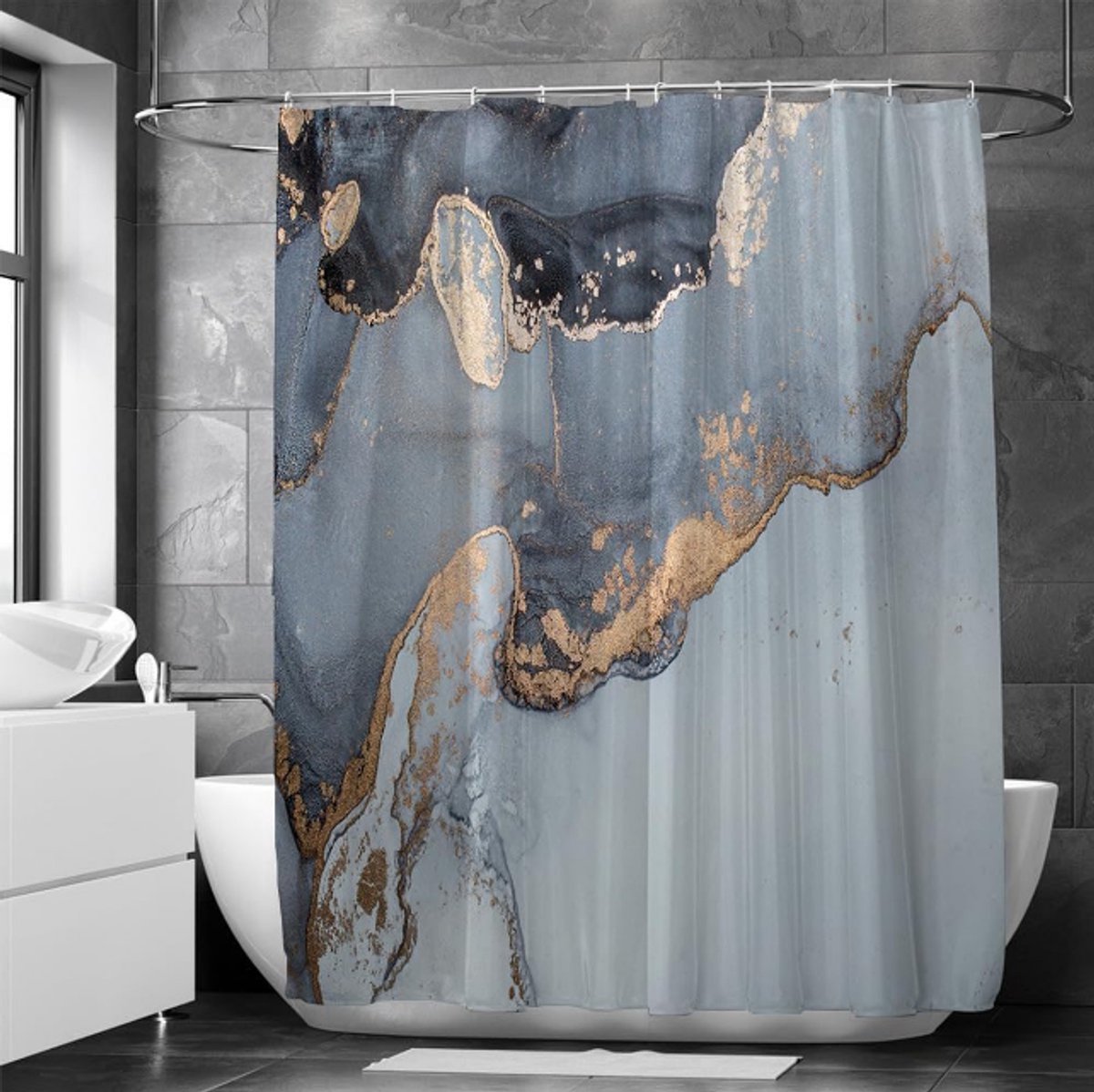 Kraftverdia® - Douchegordijnen-Blauw goud marmeren textuur-Anti-schimmel waterdicht-Polyester-Wasbaar-met 12 haken-180 x 200 cm