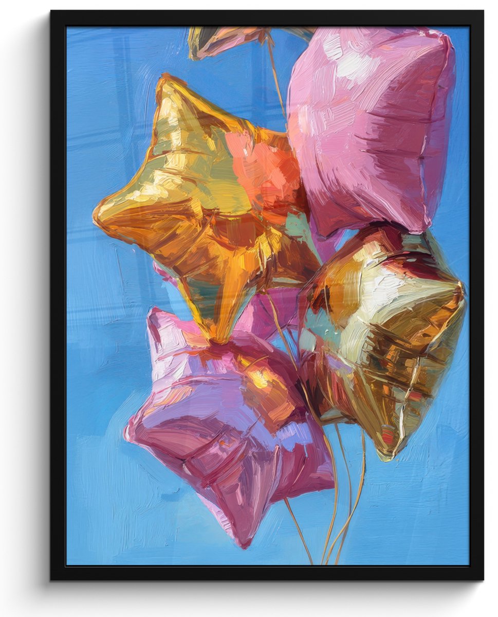 FrameYourWall Poster in lijst - Fotolijst 60x80 cm - Posters - Ballonnen - Goud - Stervorm - Roze - Posterlijst zwart - Decoratie - Wanddecoratie woonkamer - Muurdecoratie slaapkamer