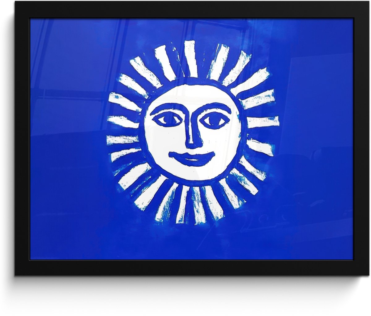 FrameYourWall Poster in lijst - Fotolijst 40x30 cm - Posters - Zon - Gezicht - Penseelstructuur - Blauw - Posterlijst zwart - Decoratie - Wanddecoratie woonkamer - Muurdecoratie slaapkamer