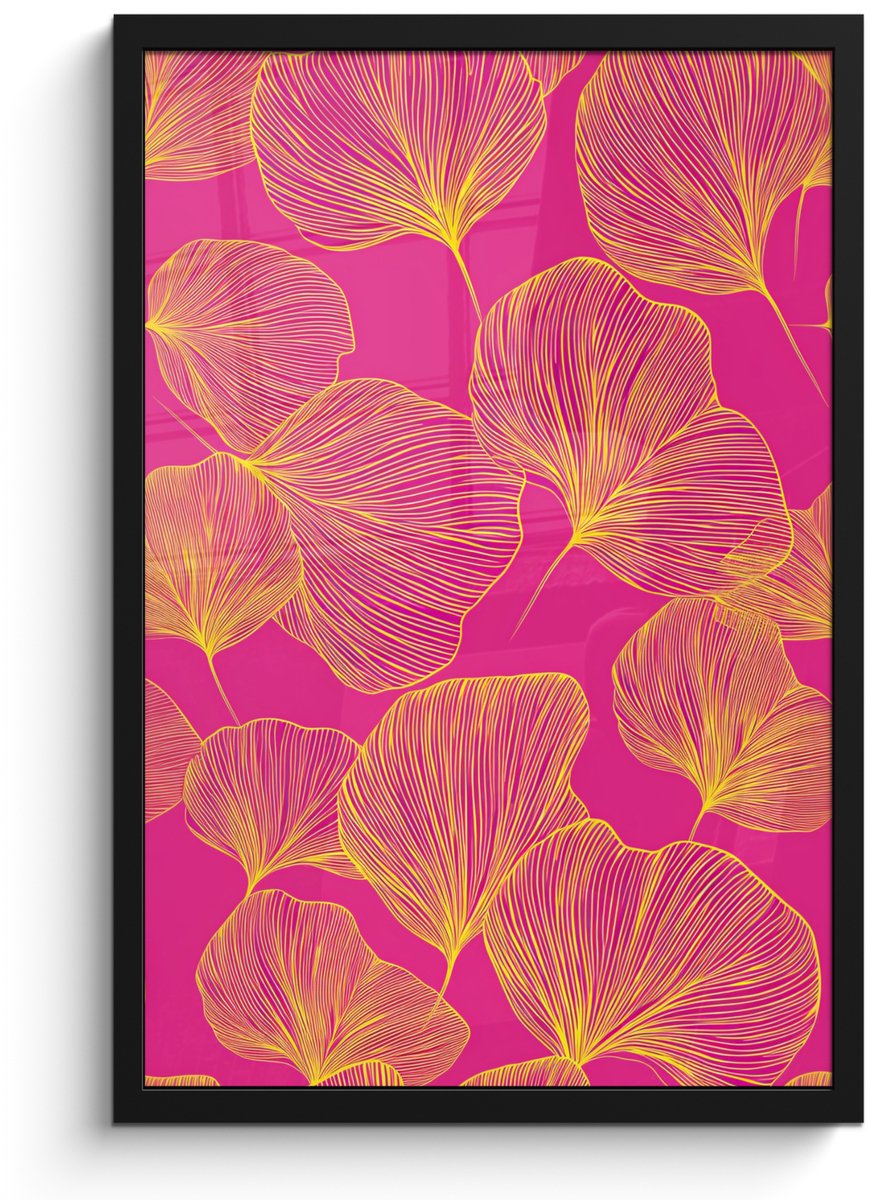 FrameYourWall Poster in lijst - Fotolijst 40x60 cm - Posters - Bladeren - Nerven - Grafisch - Roze - Posterlijst zwart - Decoratie - Wanddecoratie woonkamer - Muurdecoratie slaapkamer Bladeren - Grafisch