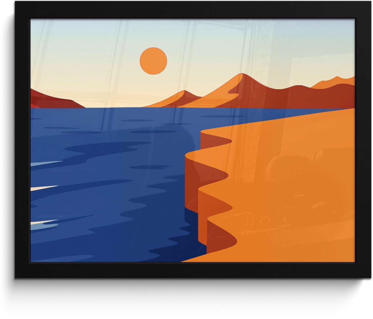 FrameYourWall Poster in lijst - Fotolijst 40x30 cm - Posters - Landschap - Bergen - Zon - Zee - Posterlijst zwart - Decoratie - Wanddecoratie woonkamer - Muurdecoratie slaapkamer Landschap - Zee - Zon