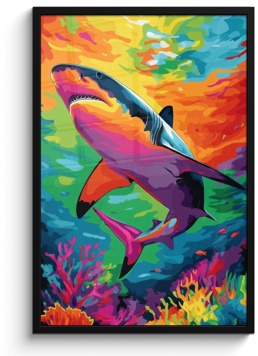 FrameYourWall Poster in lijst - Fotolijst 60x90 cm - Posters - Haai - Koraalrif - Abstract - Kleurrijk - Posterlijst zwart - Decoratie - Wanddecoratie woonkamer - Muurdecoratie slaapkamer Haai - Kleurrijk