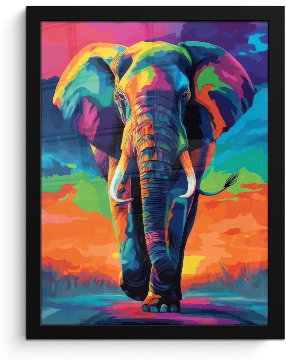 FrameYourWall Poster in lijst - Fotolijst 30x40 cm - Posters - Olifant - Kleurrijk - Lucht - Abstract - Posterlijst zwart - Decoratie - Wanddecoratie woonkamer - Muurdecoratie slaapkamer