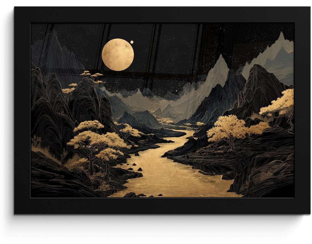 FrameYourWall Poster in lijst - Fotolijst 30x20 cm - Posters - Gouden rivier - Bergen - Maan - Sterrenhemel - Posterlijst zwart - Decoratie - Wanddecoratie woonkamer - Muurdecoratie slaapkamer