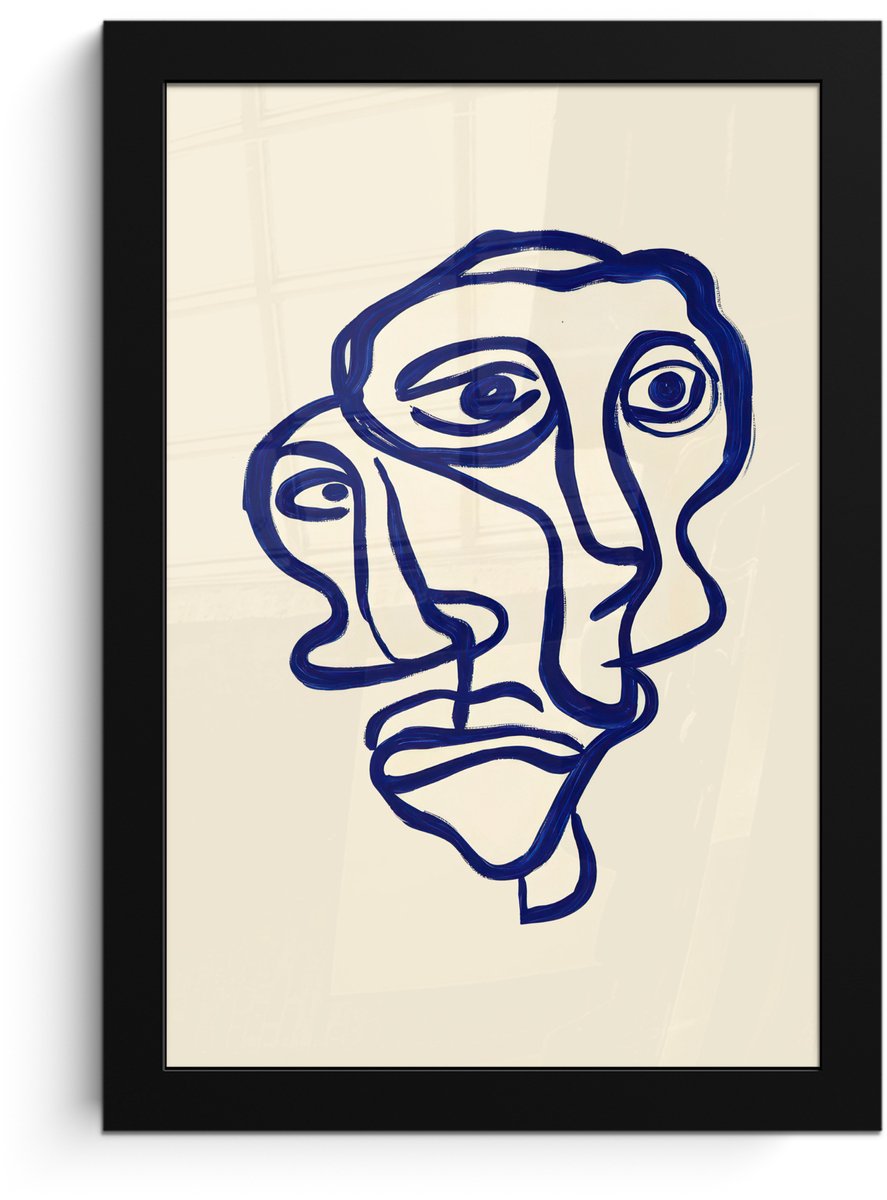 FrameYourWall Poster in lijst - Fotolijst 20x30 cm - Posters - Lijntekening - Overlappende gezichten - Donkerblauw - Posterlijst zwart - Decoratie - Wanddecoratie woonkamer - Muurdecoratie slaapkamer Overlappend - Gezichten