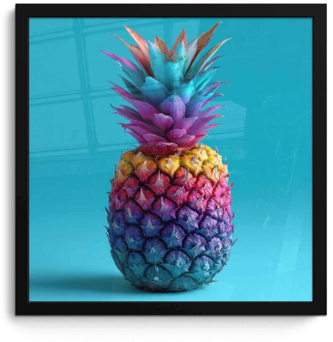 FrameYourWall Poster in lijst - Fotolijst 40x40 cm - Posters - Ananas - Regenboog - Blauw - Popart - Posterlijst zwart - Decoratie - Wanddecoratie woonkamer - Muurdecoratie slaapkamer