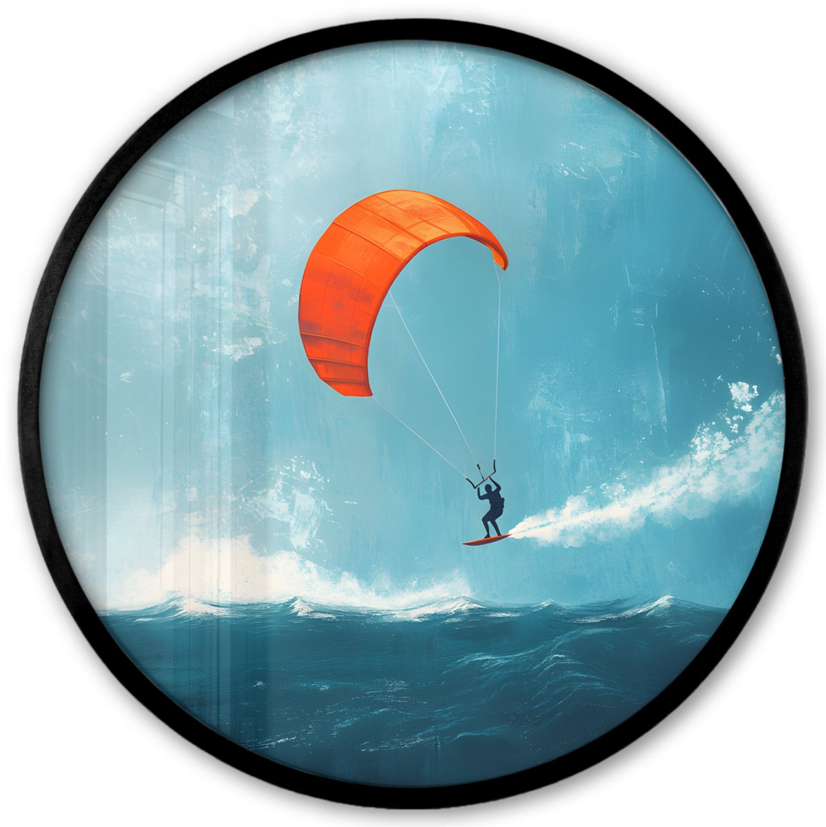 FrameYourWall Poster in lijst Rond - Fotolijst 40x40 cm - Posters - Kitesurfer - Oranje - Zee - Lucht - Ronde posterlijst zwart - Decoratie - Wanddecoratie woonkamer - Muurdecoratie slaapkamer