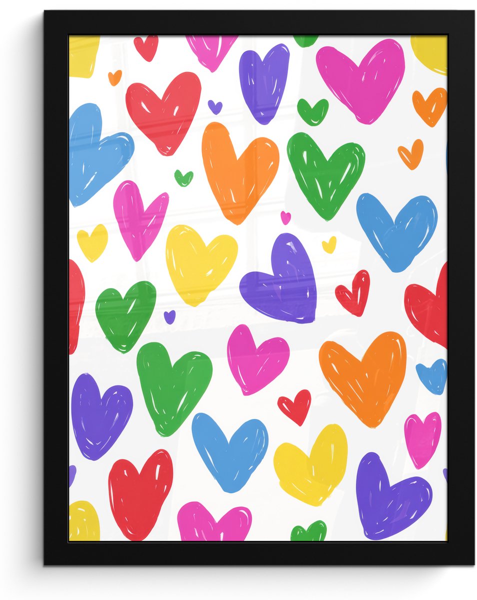 FrameYourWall Poster in lijst - Fotolijst 30x40 cm - Posters - Hartjes - Patroon - Kleurrijk - Tekening - Posterlijst zwart - Decoratie - Wanddecoratie woonkamer - Muurdecoratie slaapkamer Hartjes - Kleurrijk