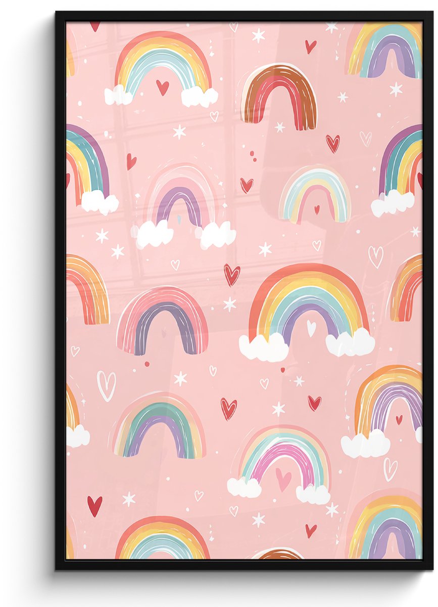 FrameYourWall Poster in lijst - Fotolijst 80x120 cm - Posters - Regenboog - Patroon - Pastel - Handgetekend - Posterlijst zwart - Decoratie - Wanddecoratie woonkamer - Muurdecoratie slaapkamer