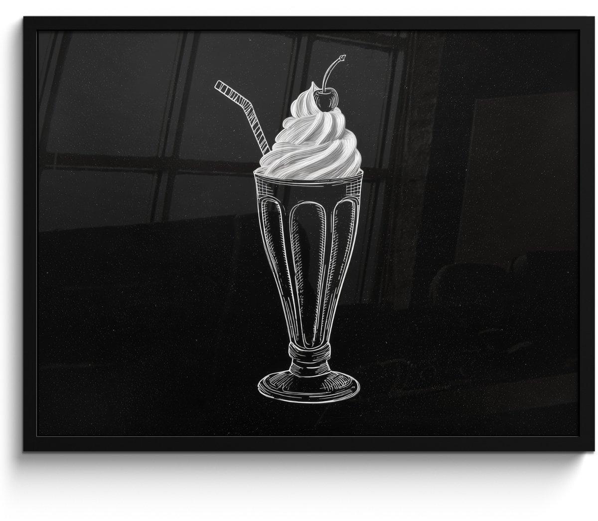 FrameYourWall Poster in lijst - Fotolijst 80x60 cm - Posters - Ijscoupe - Kers - Krijtstijl - Slagroom - Posterlijst zwart - Decoratie - Wanddecoratie woonkamer - Muurdecoratie slaapkamer Ijscoupe - Kers - Slagroom