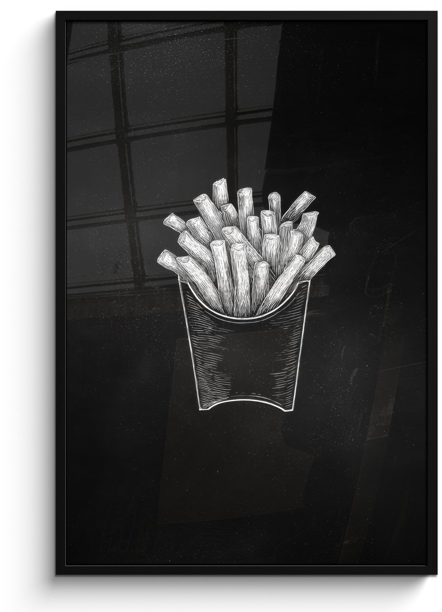 FrameYourWall Poster in lijst - Fotolijst 80x120 cm - Posters - Friet - Witte krijttekening - Zwart - Posterlijst zwart - Decoratie - Wanddecoratie woonkamer - Muurdecoratie slaapkamer