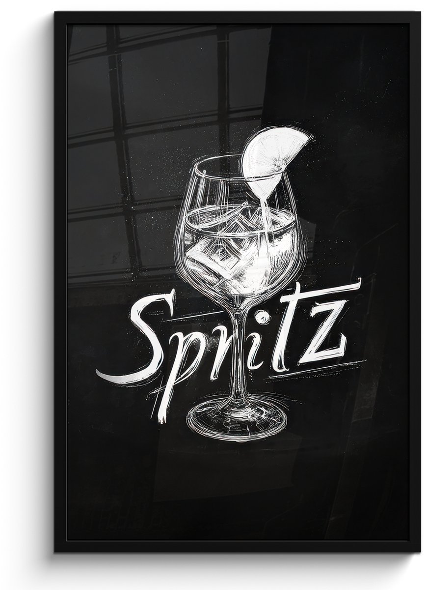FrameYourWall Poster in lijst - Fotolijst 60x90 cm - Posters - Glas spritz - Krijtletters - Ijsblokjes - Citroen - Posterlijst zwart - Decoratie - Wanddecoratie woonkamer - Muurdecoratie slaapkamer Glas - Spritz