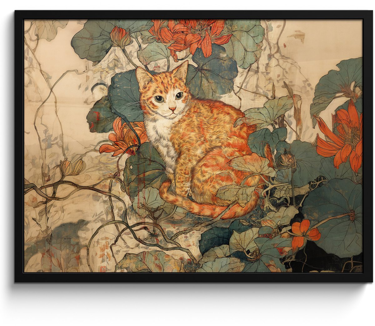 FrameYourWall Poster in lijst - Fotolijst 80x60 cm - Posters - Kat - Sierlijk - Bloemen - Posterlijst zwart - Decoratie - Wanddecoratie woonkamer - Muurdecoratie slaapkamer Kat - Bloemen
