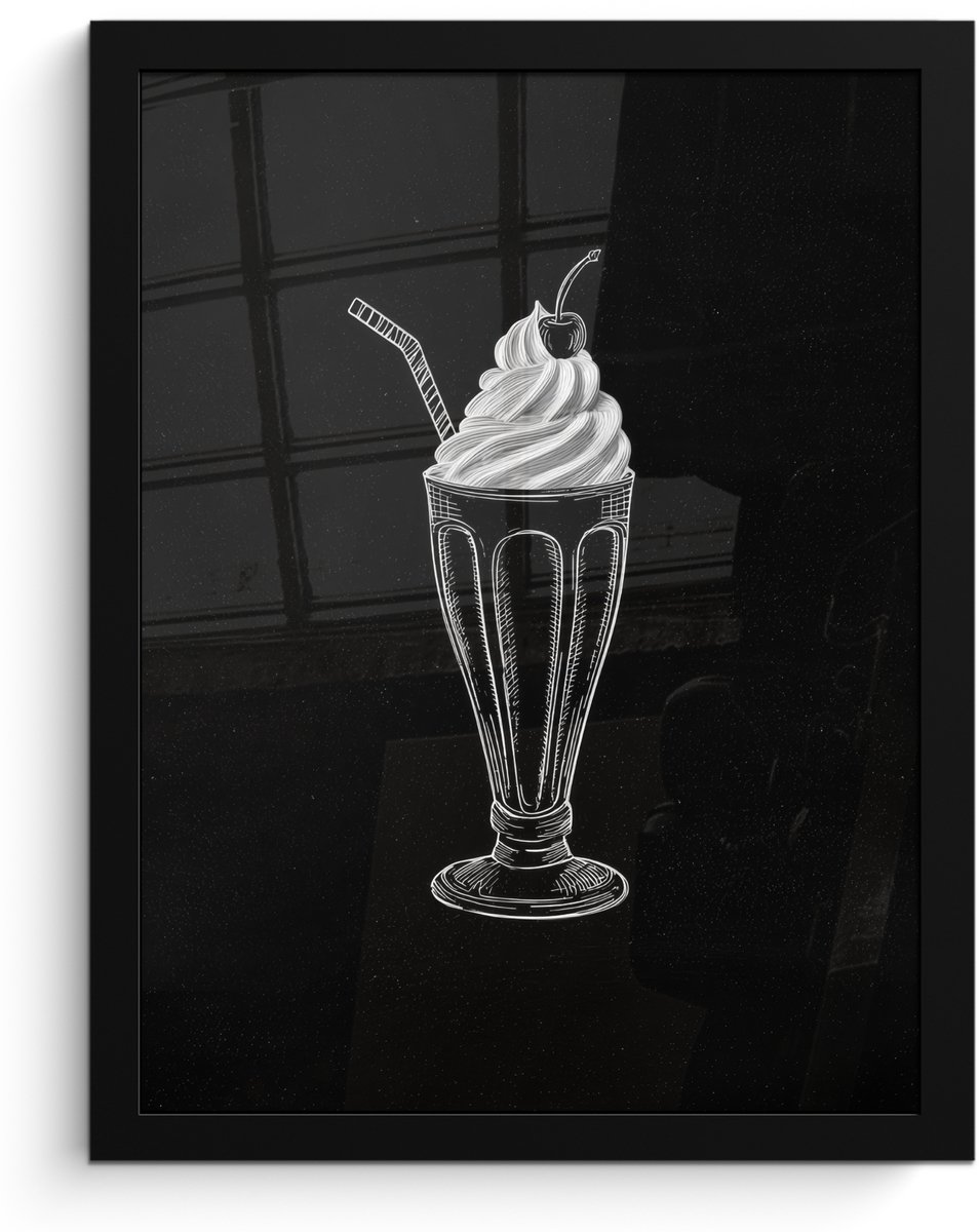 FrameYourWall Poster in lijst - Fotolijst 30x40 cm - Posters - Ijscoupe - Kers - Krijtstijl - Slagroom - Posterlijst zwart - Decoratie - Wanddecoratie woonkamer - Muurdecoratie slaapkamer Ijscoupe - Kers - Slagroom