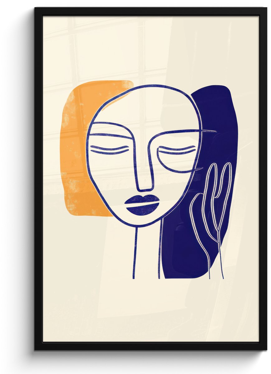 FrameYourWall Poster in lijst - Fotolijst 60x90 cm - Posters - Minimalistisch - Gezicht - Hand - Oranje - Blauw - Posterlijst zwart - Decoratie - Wanddecoratie woonkamer - Muurdecoratie slaapkamer Gezicht - Hand - Minimalistisch
