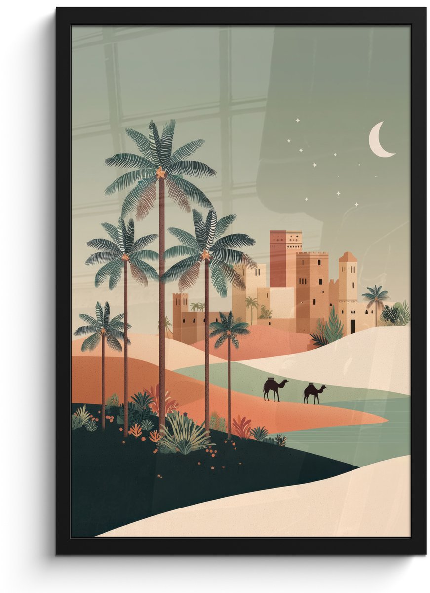 FrameYourWall Poster in lijst - Fotolijst 40x60 cm - Posters - Nachtlandschap - Kamelen - Sterren - zandduinden - Posterlijst zwart - Decoratie - Wanddecoratie woonkamer - Muurdecoratie slaapkamer