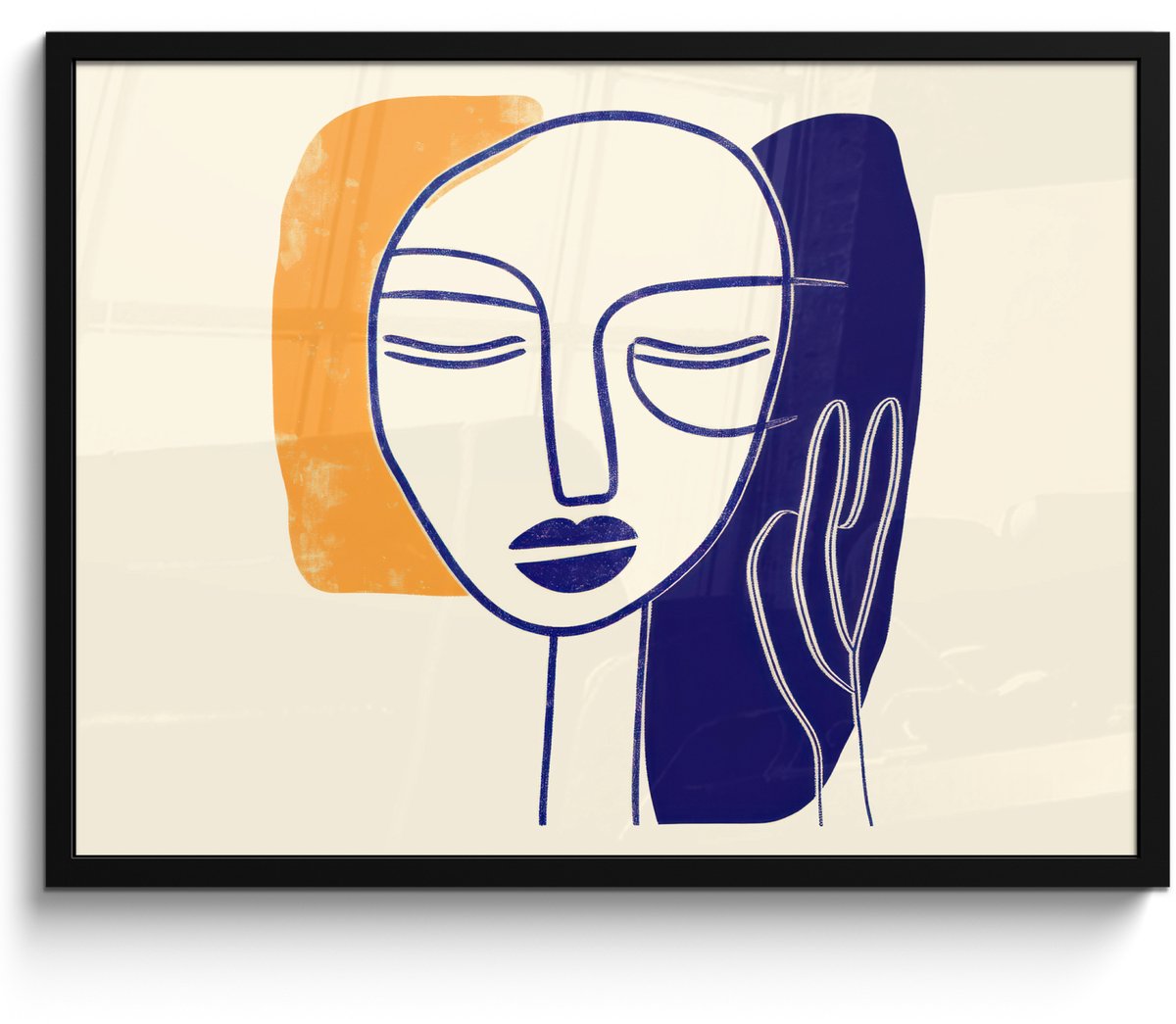 FrameYourWall Poster in lijst - Fotolijst 80x60 cm - Posters - Minimalistisch - Gezicht - Hand - Oranje - Blauw - Posterlijst zwart - Decoratie - Wanddecoratie woonkamer - Muurdecoratie slaapkamer Gezicht - Hand - Minimalistisch