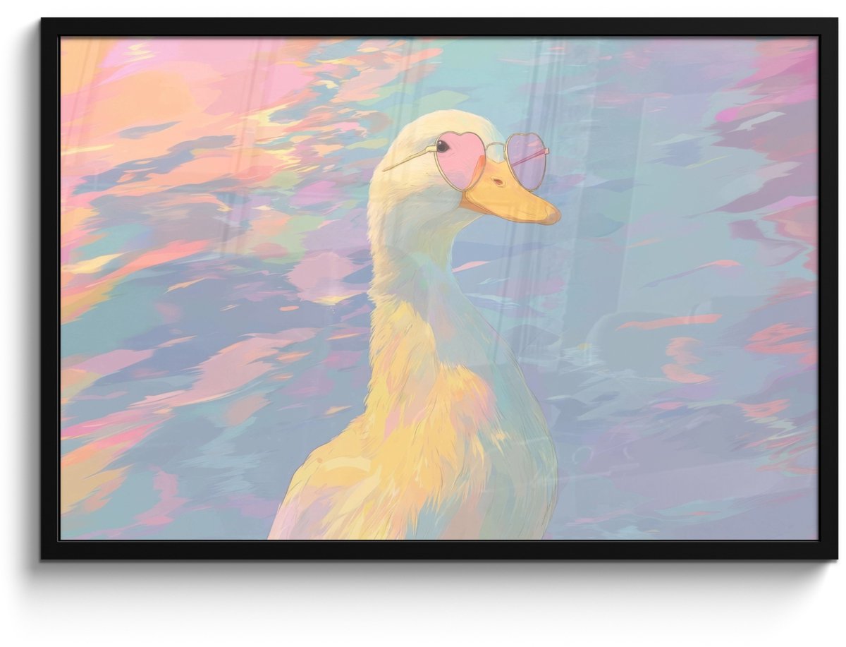 FrameYourWall Poster in lijst - Fotolijst 90x60 cm - Posters - Eend - Zonnebril - Water - Posterlijst zwart - Decoratie - Wanddecoratie woonkamer - Muurdecoratie slaapkamer