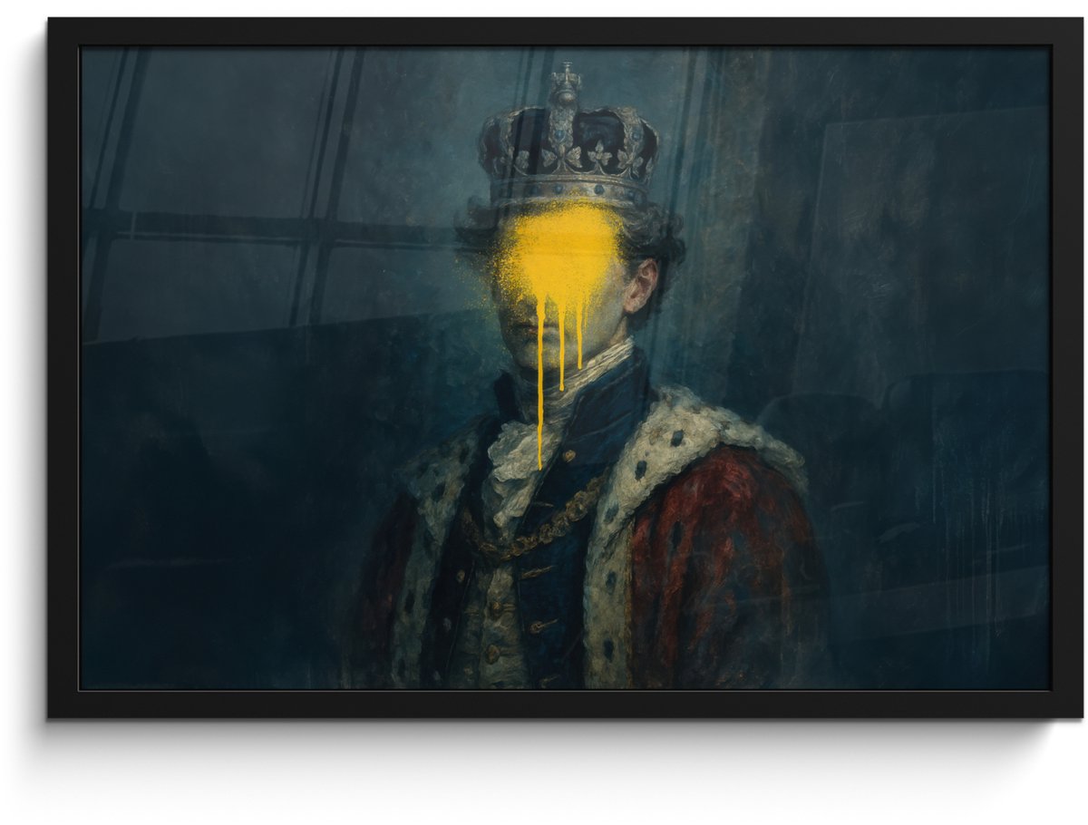 FrameYourWall Poster in lijst - Fotolijst 60x40 cm - Posters - Koning - Portret - Druipende gele verf - Posterlijst zwart - Decoratie - Wanddecoratie woonkamer - Muurdecoratie slaapkamer Koning - Portret - Verf