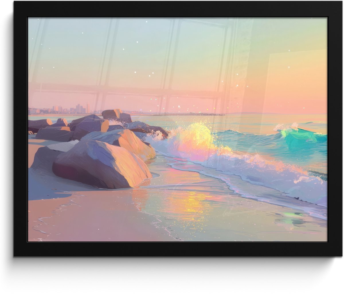 FrameYourWall Poster in lijst - Fotolijst 40x30 cm - Posters - Zomerlicht - Strand - Fonkelende accenten - Posterlijst zwart - Decoratie - Wanddecoratie woonkamer - Muurdecoratie slaapkamer Strand - Zee - Stad