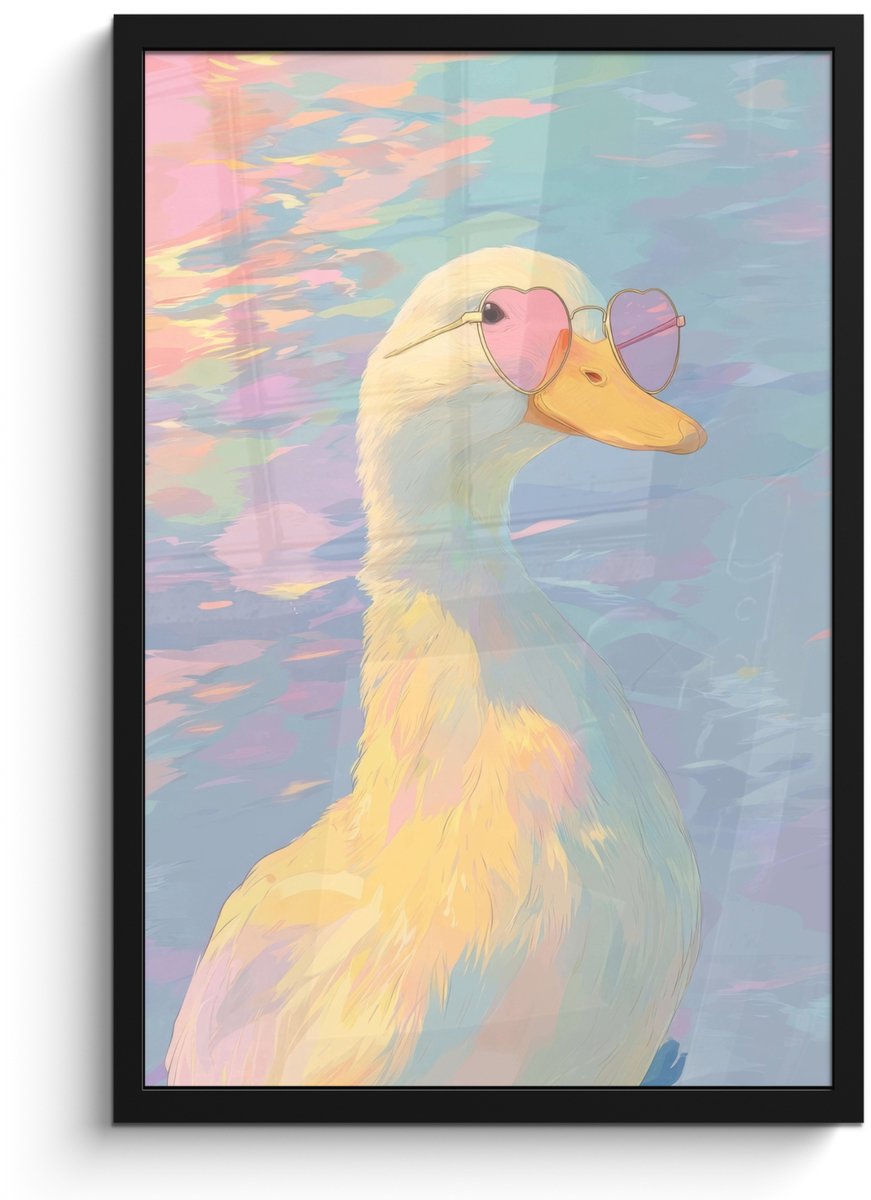 FrameYourWall Poster in lijst - Fotolijst 40x60 cm - Posters - Eend - Zonnebril - Water - Posterlijst zwart - Decoratie - Wanddecoratie woonkamer - Muurdecoratie slaapkamer