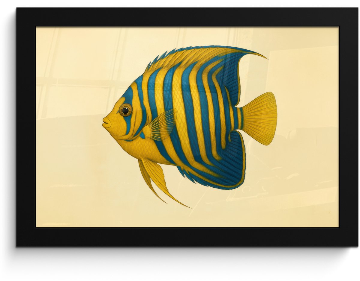 FrameYourWall Poster in lijst - Fotolijst 30x20 cm - Posters - Felgeel - Vis - Strepen - Vinnen - Posterlijst zwart - Decoratie - Wanddecoratie woonkamer - Muurdecoratie slaapkamer Vis - Vinnen - Strepen