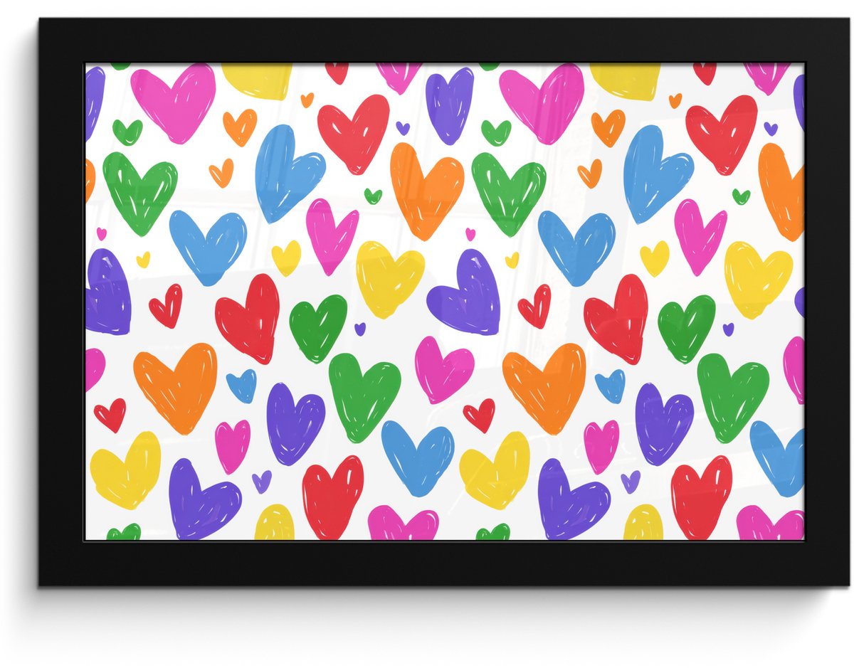 FrameYourWall Poster in lijst - Fotolijst 30x20 cm - Posters - Hartjes - Patroon - Kleurrijk - Tekening - Posterlijst zwart - Decoratie - Wanddecoratie woonkamer - Muurdecoratie slaapkamer Hartjes - Kleurrijk