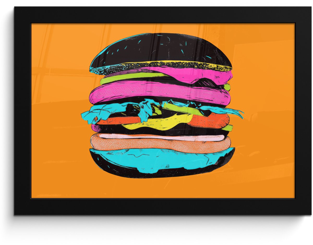 FrameYourWall Poster in lijst - Fotolijst 30x20 cm - Posters - Hamburger - Kleurrijk - Speels - Posterlijst zwart - Decoratie - Wanddecoratie woonkamer - Muurdecoratie slaapkamer