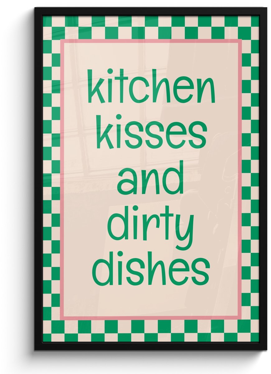 FrameYourWall Poster in lijst - Fotolijst 60x90 cm - Posters - Quote - Groen - Geblokt - Keuken - Posterlijst zwart - Decoratie - Wanddecoratie woonkamer - Muurdecoratie slaapkamer Geblokt - Quote