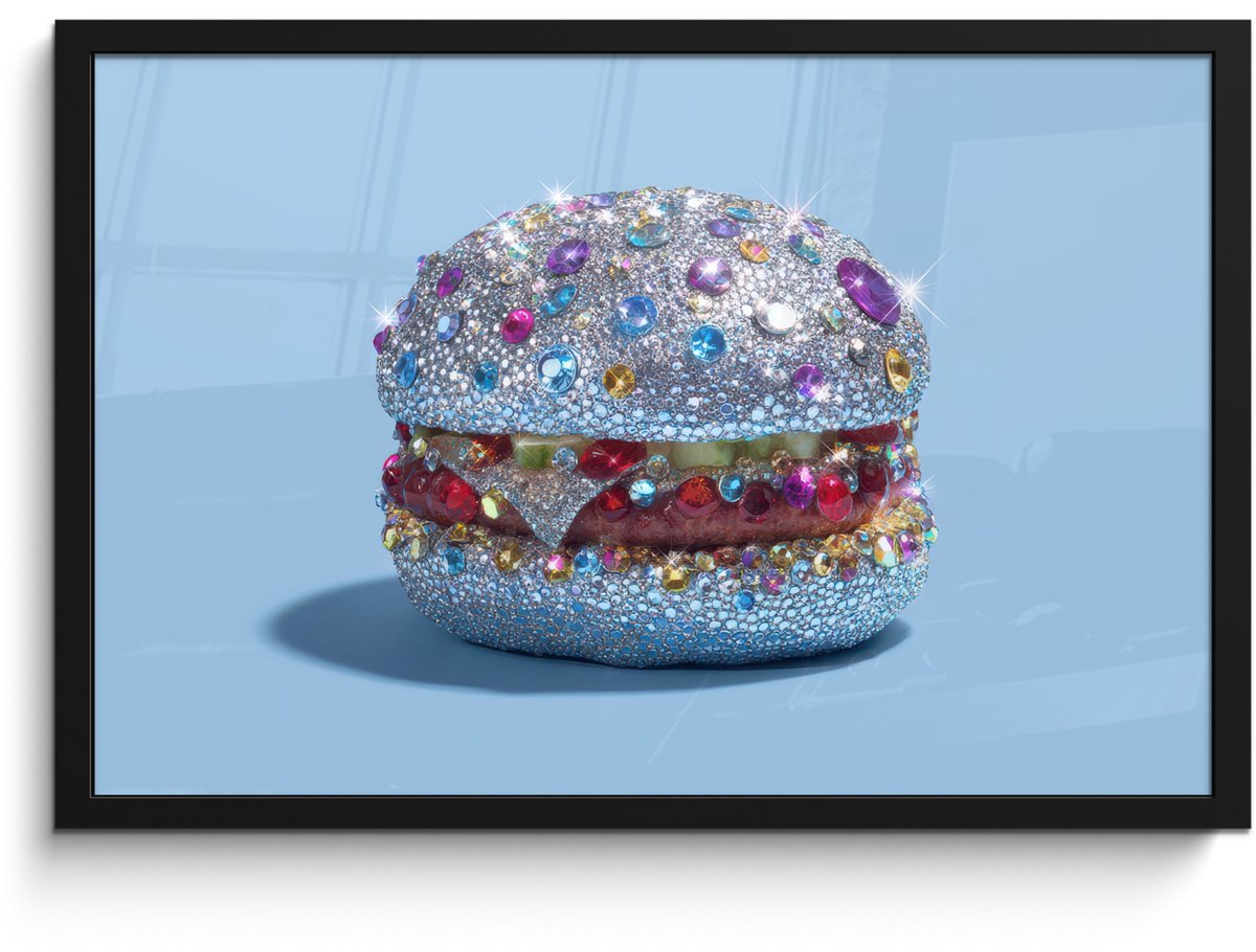 FrameYourWall Poster in lijst - Fotolijst 60x40 cm - Posters - Glitters - Hamburger - Blauw - Posterlijst zwart - Decoratie - Wanddecoratie woonkamer - Muurdecoratie slaapkamer