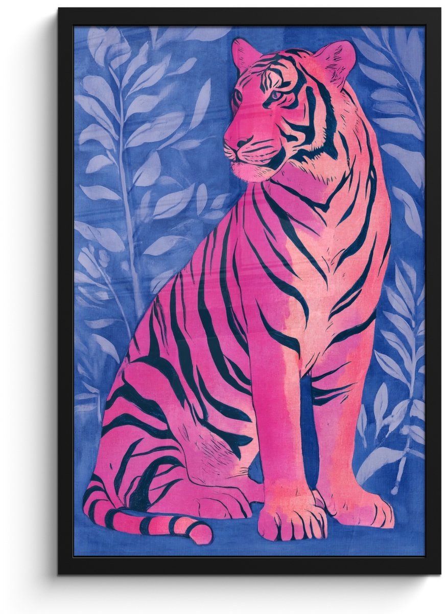 FrameYourWall Poster in lijst - Fotolijst 40x60 cm - Posters - Tijger - Roze - Bladeren - Jungle - Posterlijst zwart - Decoratie - Wanddecoratie woonkamer - Muurdecoratie slaapkamer Tijger - Bladeren