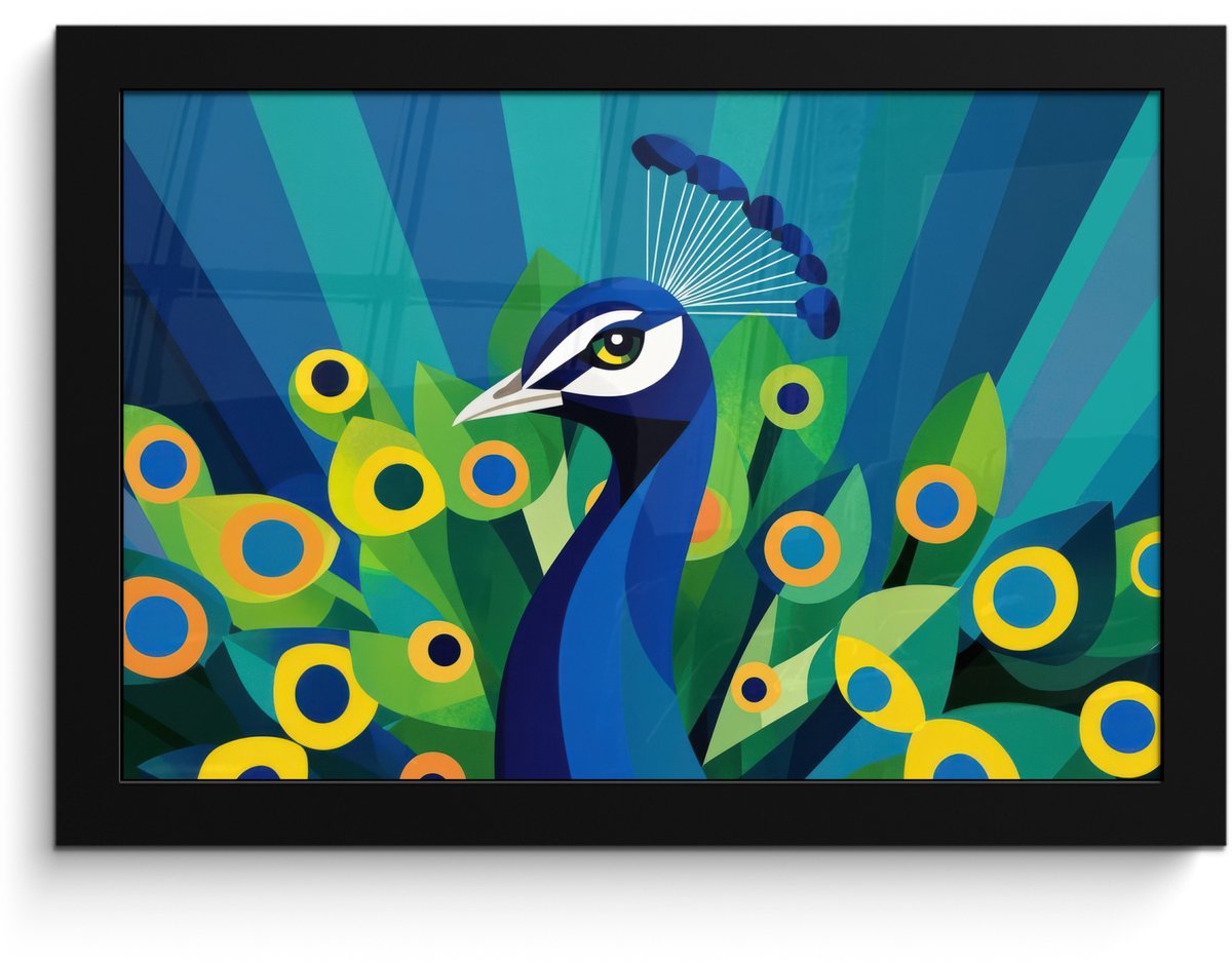 FrameYourWall Poster in lijst - Fotolijst 30x20 cm - Posters - Pauw - Cirkels - Blauw - Posterlijst zwart - Decoratie - Wanddecoratie woonkamer - Muurdecoratie slaapkamer