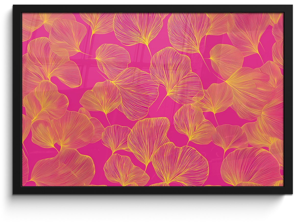 FrameYourWall Poster in lijst - Fotolijst 60x40 cm - Posters - Bladeren - Nerven - Grafisch - Roze - Posterlijst zwart - Decoratie - Wanddecoratie woonkamer - Muurdecoratie slaapkamer Bladeren - Grafisch