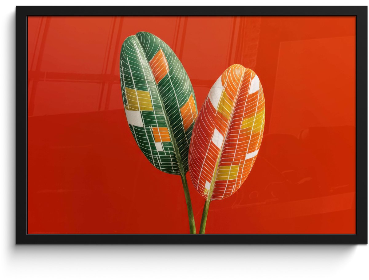 FrameYourWall Poster in lijst - Fotolijst 60x40 cm - Posters - Bladeren - Ovaal - Mozaïek - Patroon - Posterlijst zwart - Decoratie - Wanddecoratie woonkamer - Muurdecoratie slaapkamer