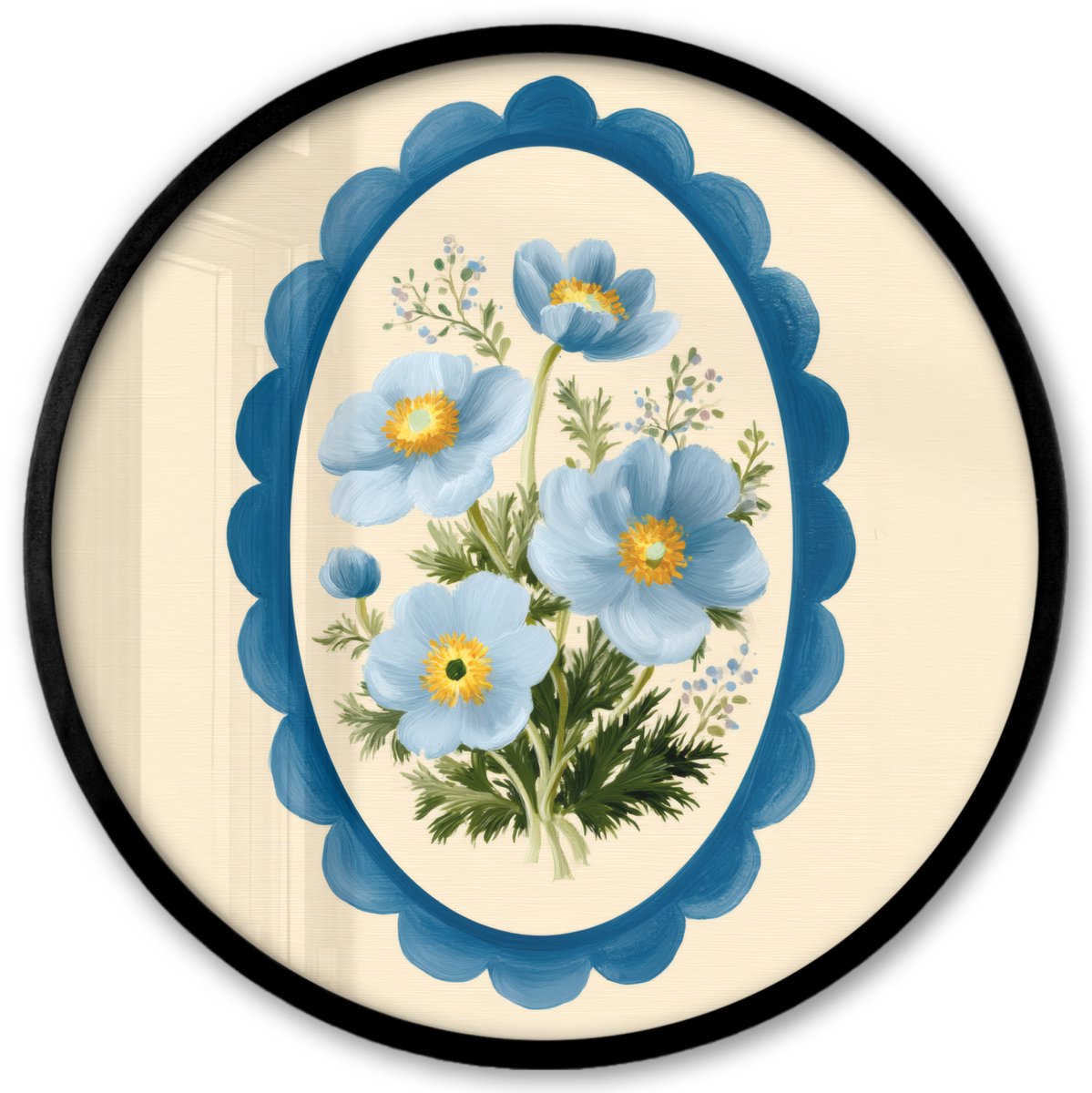 FrameYourWall Poster in lijst Rond - Fotolijst 40x40 cm - Posters - Lijst - Bloemen - Lichtblauw - Illustratie - Ronde posterlijst zwart - Decoratie - Wanddecoratie woonkamer - Muurdecoratie slaapkamer Boemen - Illustratie
