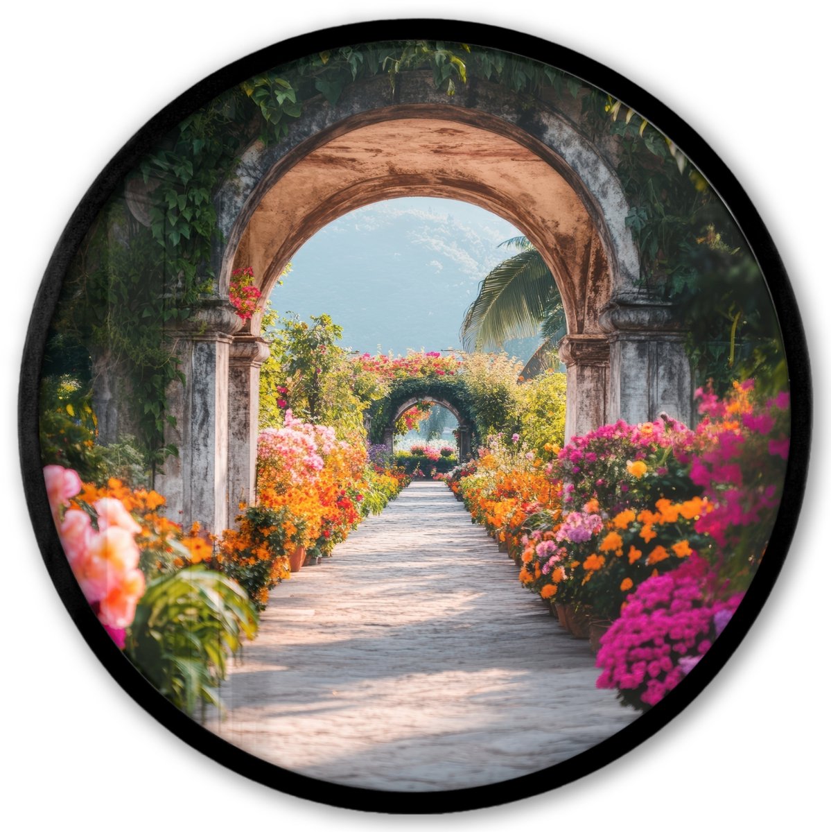 FrameYourWall Poster in lijst Rond - Fotolijst 40x40 cm - Posters - Doorkijk - Bloemen - Tropisch - Kleurrijk - Ronde posterlijst zwart - Decoratie - Wanddecoratie woonkamer - Muurdecoratie slaapkamer Boog - Tropische bloemen