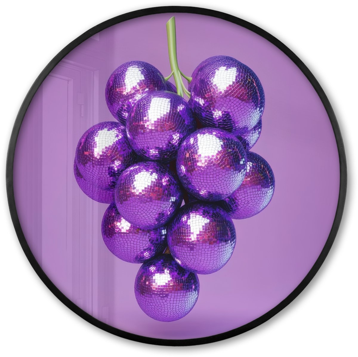 FrameYourWall Poster in lijst Rond - Fotolijst 80x80 cm - Posters - Druif - Disco - Glitter - Paars - Ronde posterlijst zwart - Decoratie - Wanddecoratie woonkamer - Muurdecoratie slaapkamer Disco - Druiven