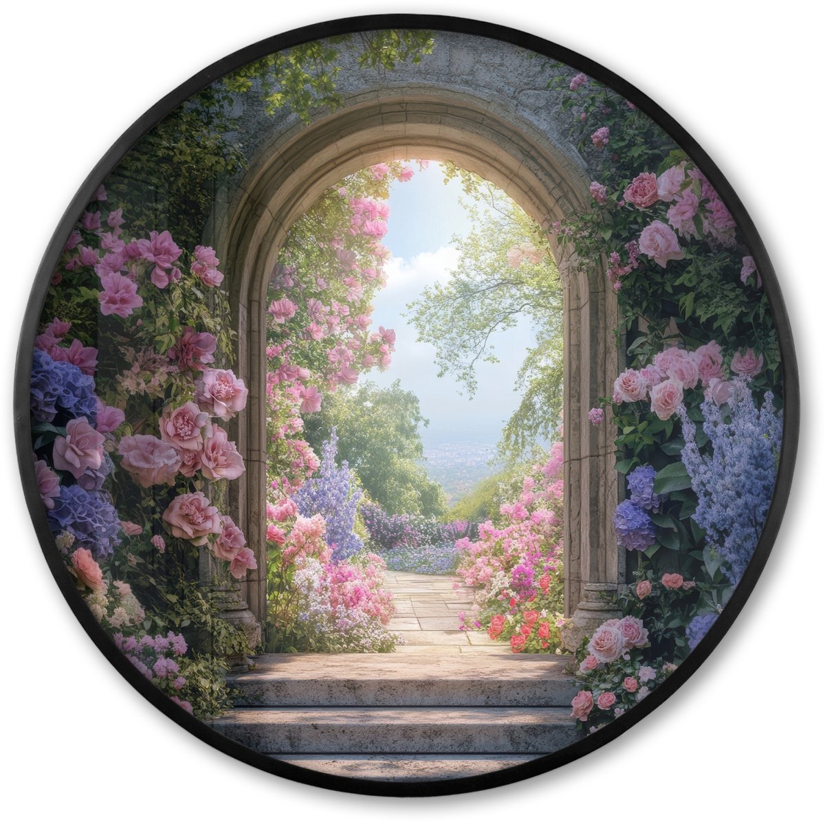 FrameYourWall Poster in lijst Rond - Fotolijst 60x60 cm - Posters - Doorkijk - Rozen - Vintage - Bloemen - Ronde posterlijst zwart - Decoratie - Wanddecoratie woonkamer - Muurdecoratie slaapkamer Doorkijk - Vintage