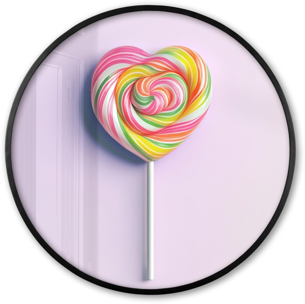 FrameYourWall Poster in lijst Rond - Fotolijst 60x60 cm - Posters - Hart - Lolly - Snoep - Ronde posterlijst zwart - Decoratie - Wanddecoratie woonkamer - Muurdecoratie slaapkamer Hartjeslolly