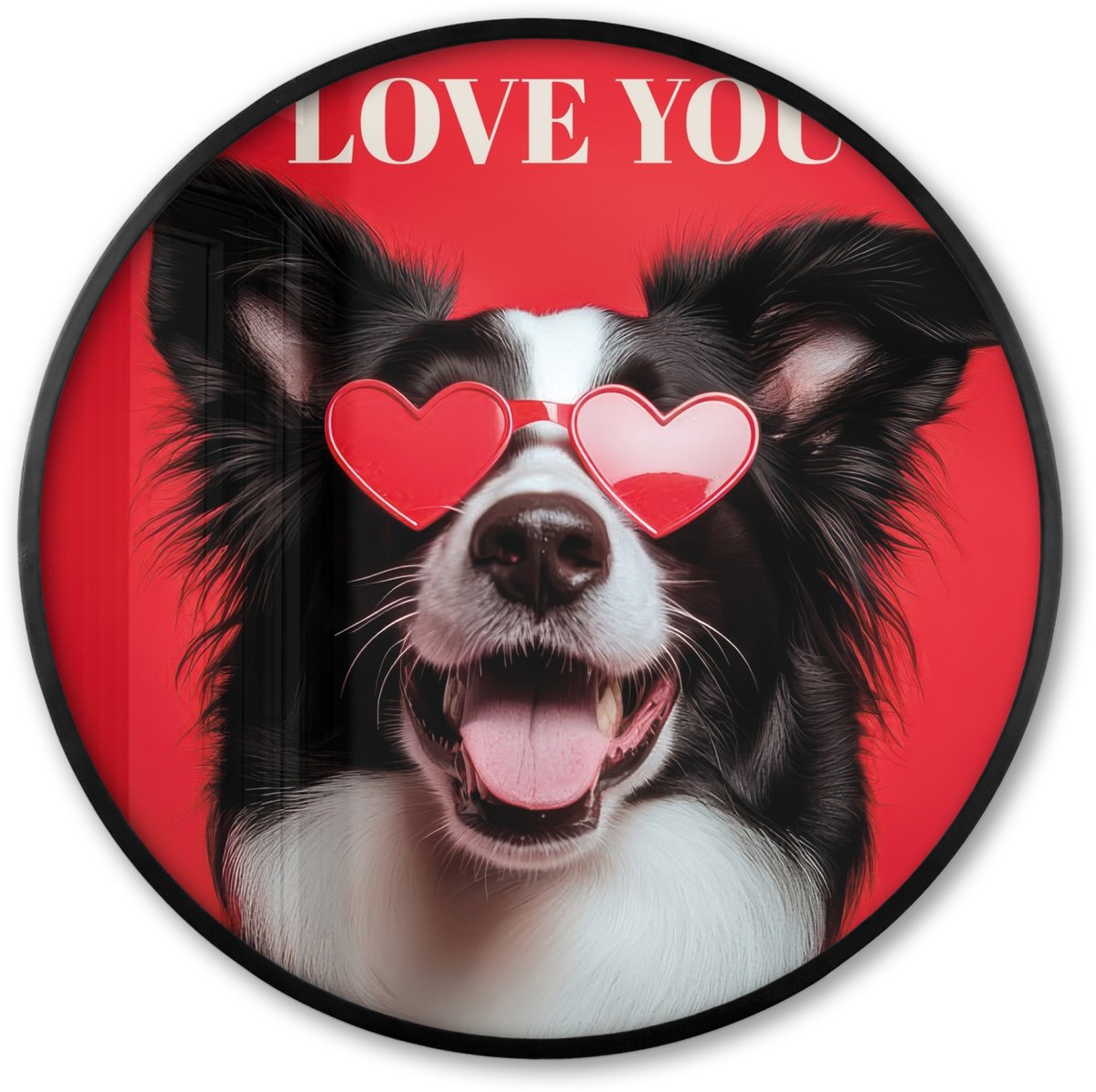 FrameYourWall Poster in lijst Rond - Fotolijst 60x60 cm - Posters - Hond - Hartjesbril - Loveyou - Rood - Ronde posterlijst zwart - Decoratie - Wanddecoratie woonkamer - Muurdecoratie slaapkamer Hond - Love you