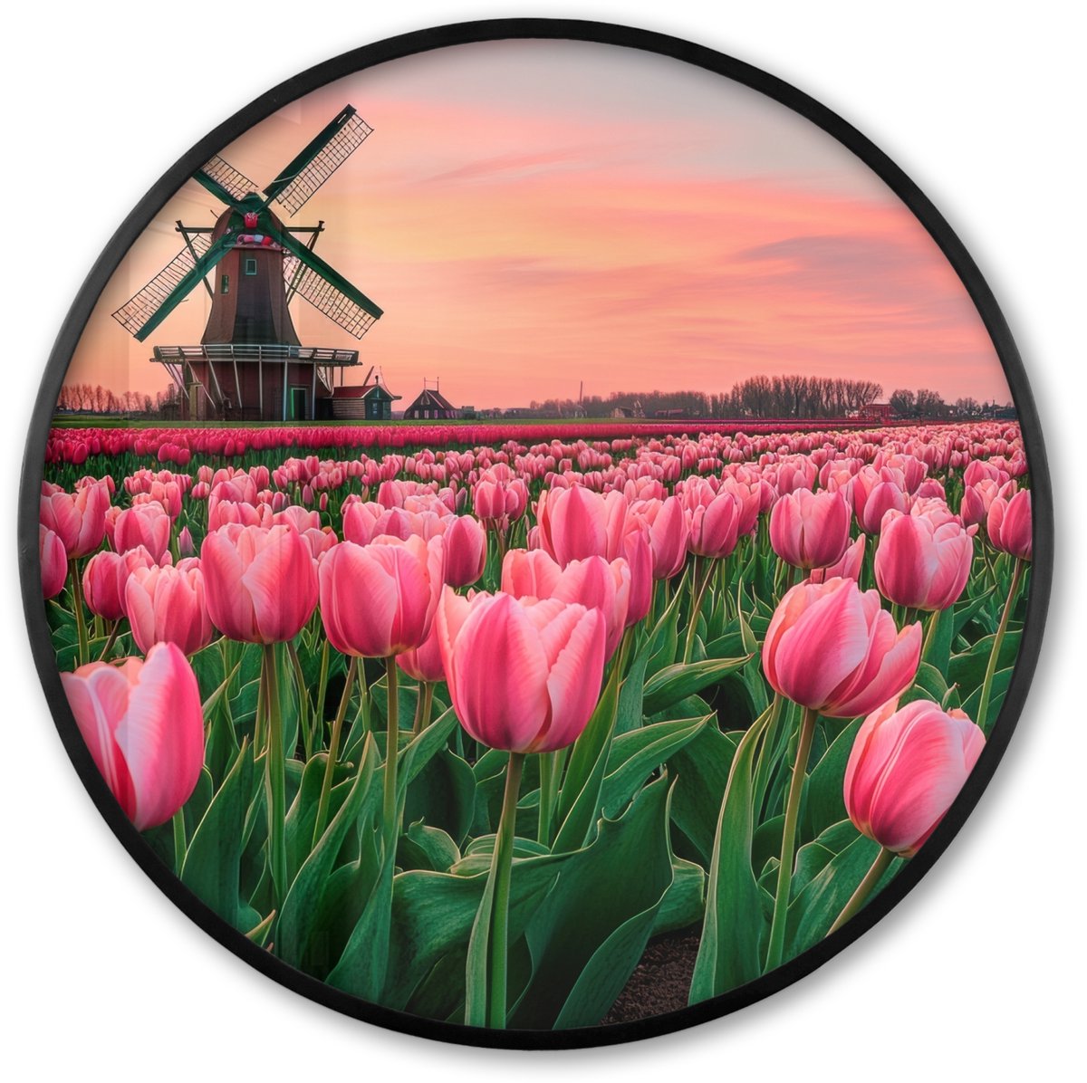 FrameYourWall Poster in lijst Rond - Fotolijst 80x80 cm - Posters - Tulpen - Molen - Nederland - Ronde posterlijst zwart - Decoratie - Wanddecoratie woonkamer - Muurdecoratie slaapkamer Tulpen - Bloemen