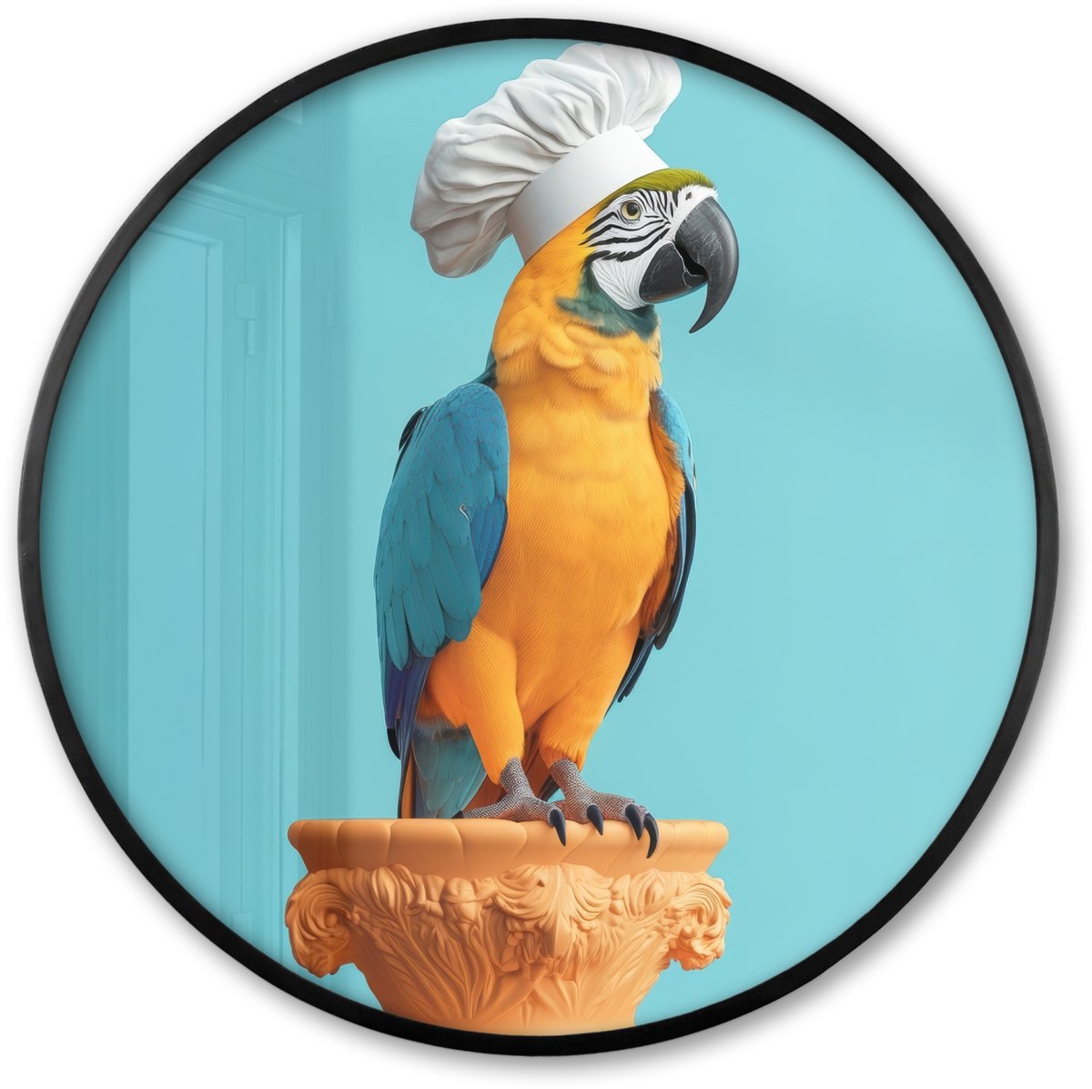 FrameYourWall Poster in lijst Rond - Fotolijst 80x80 cm - Posters - Papegaai - Koksmuts - Grappig - Vogel - Ronde posterlijst zwart - Decoratie - Wanddecoratie woonkamer - Muurdecoratie slaapkamer Koksmuts - Papegaai