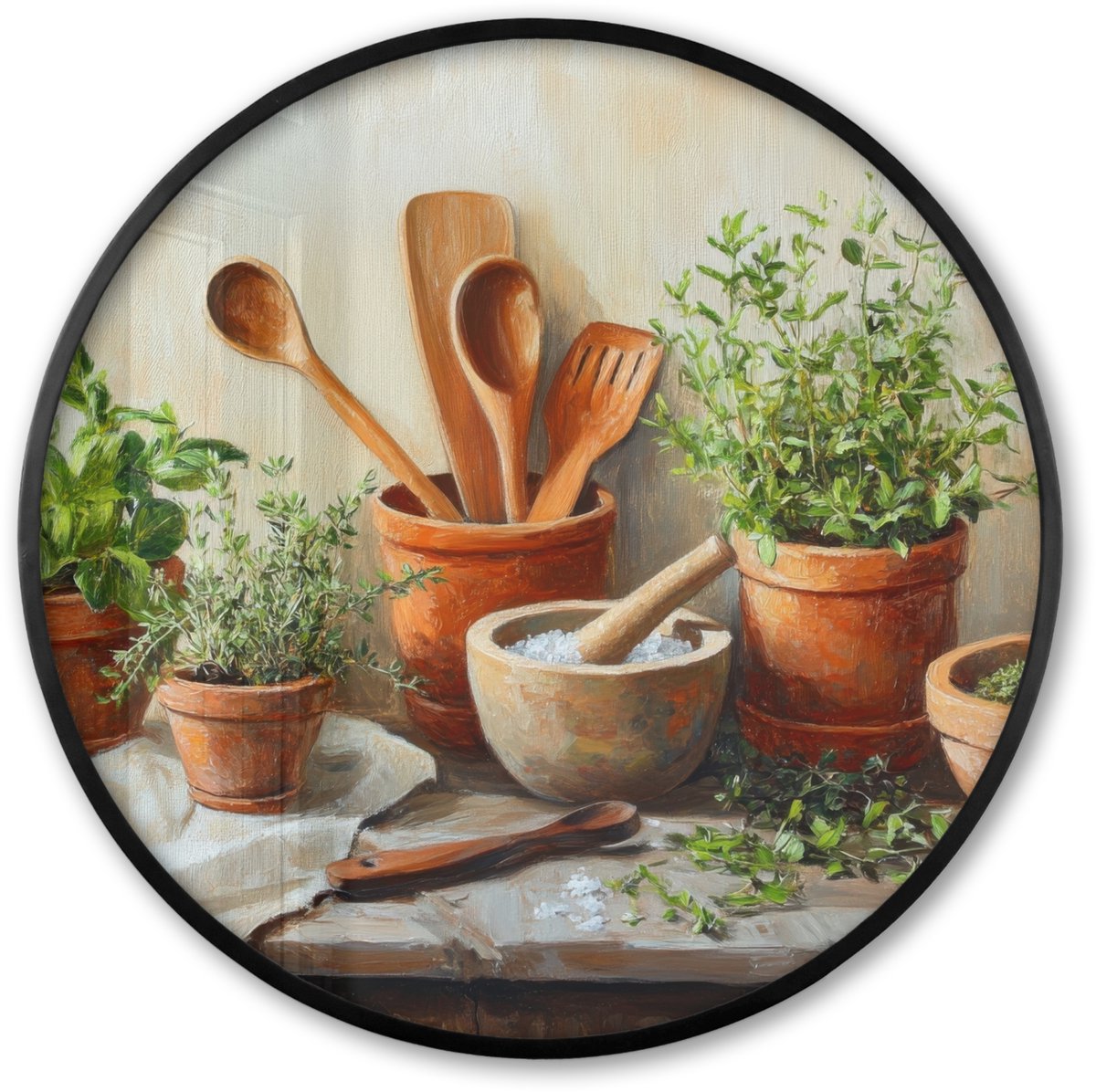 FrameYourWall Poster in lijst Rond - Fotolijst 60x60 cm - Posters - Potten - Kruiden - Hout - Ronde posterlijst zwart - Decoratie - Wanddecoratie woonkamer - Muurdecoratie slaapkamer Potten - Stilleven