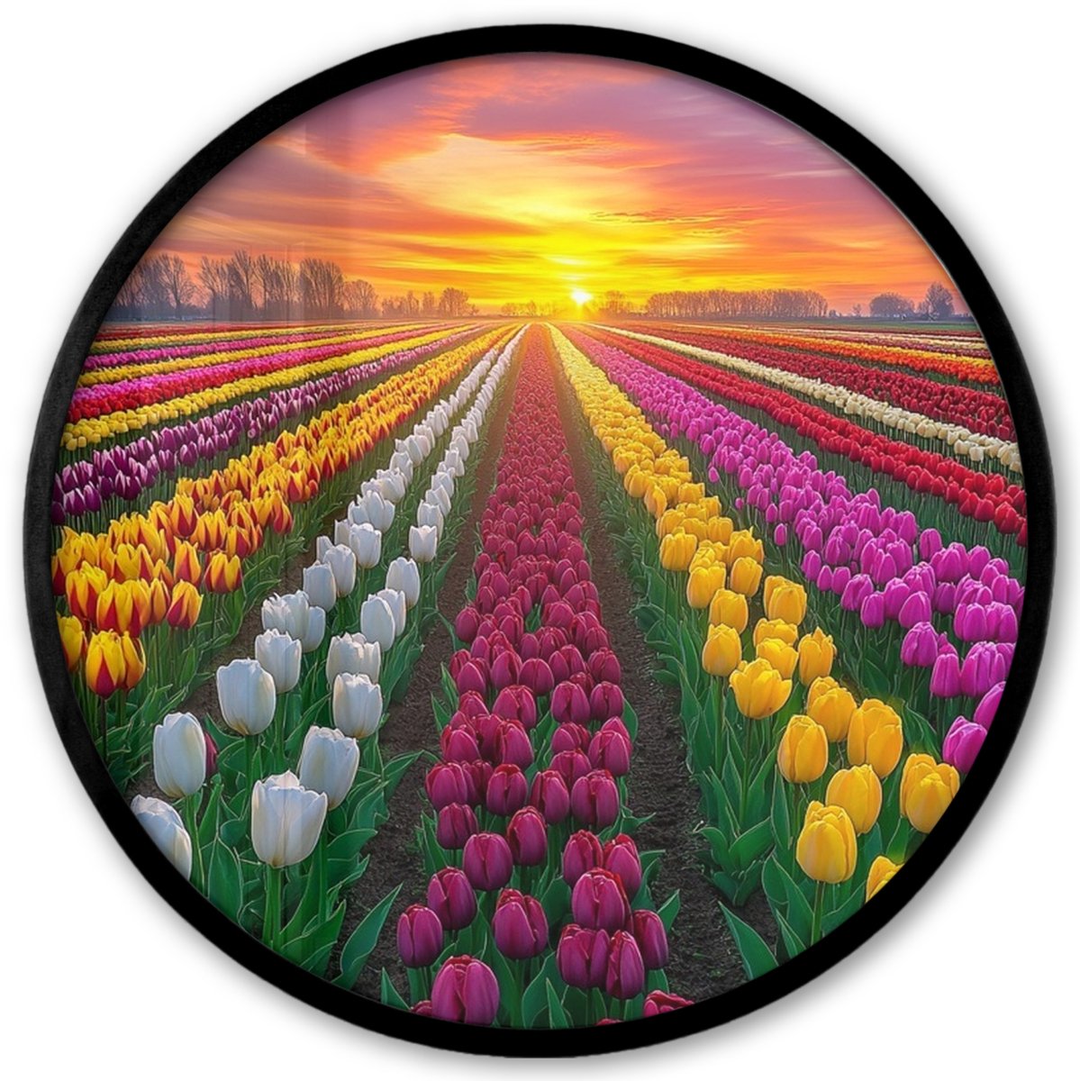 FrameYourWall Poster in lijst Rond - Fotolijst 40x40 cm - Posters - Tulpenveld - Zonsondergang - Kleurrijk - Ronde posterlijst zwart - Decoratie - Wanddecoratie woonkamer - Muurdecoratie slaapkamer Tulpen - Kleurrijk